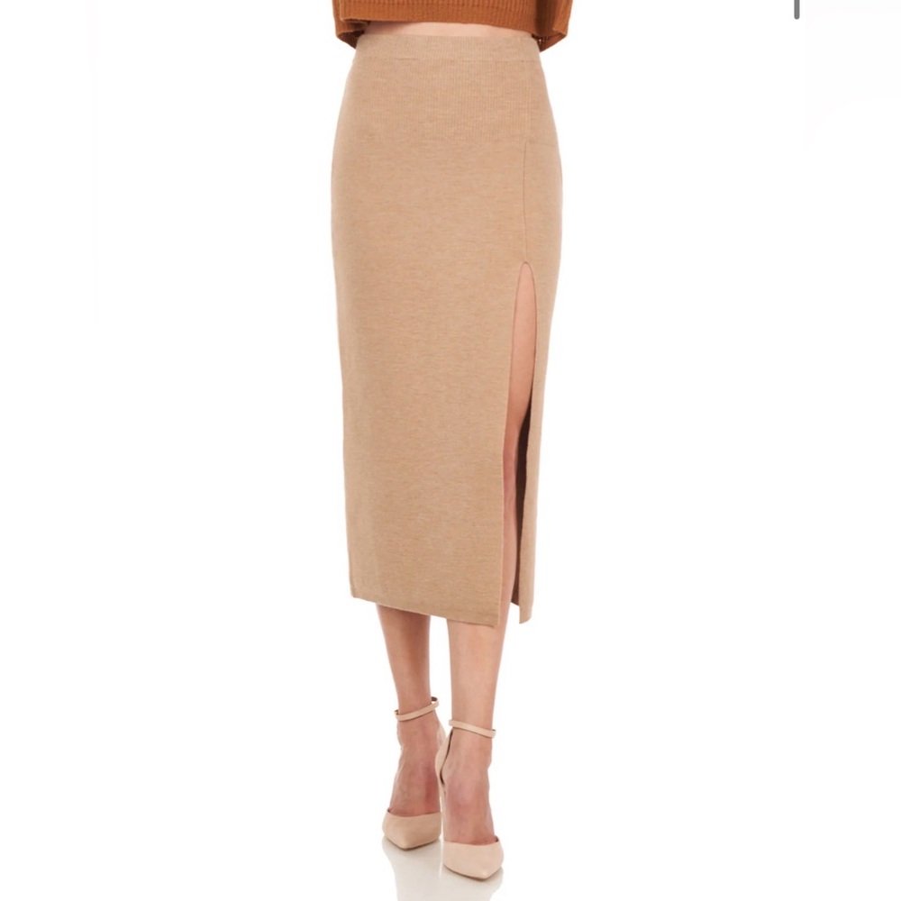 AMUR Wool Jara Skirt Ribbed Pencil Skirt Large Camel Brown Tan